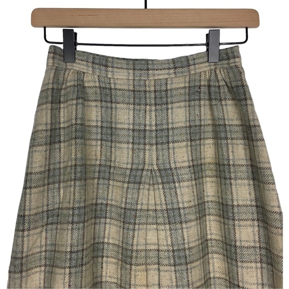 VINTAGE Midi Skirt Wool Plaid Lady Thomson Neutral Minimalist Tartan Size 10 - Picture 2 of 16